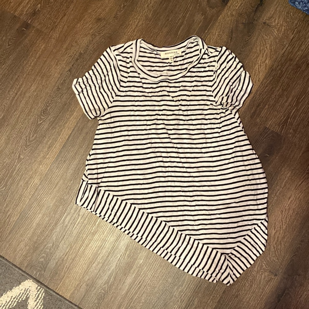 dressy top, black and white striped, slanted bottom